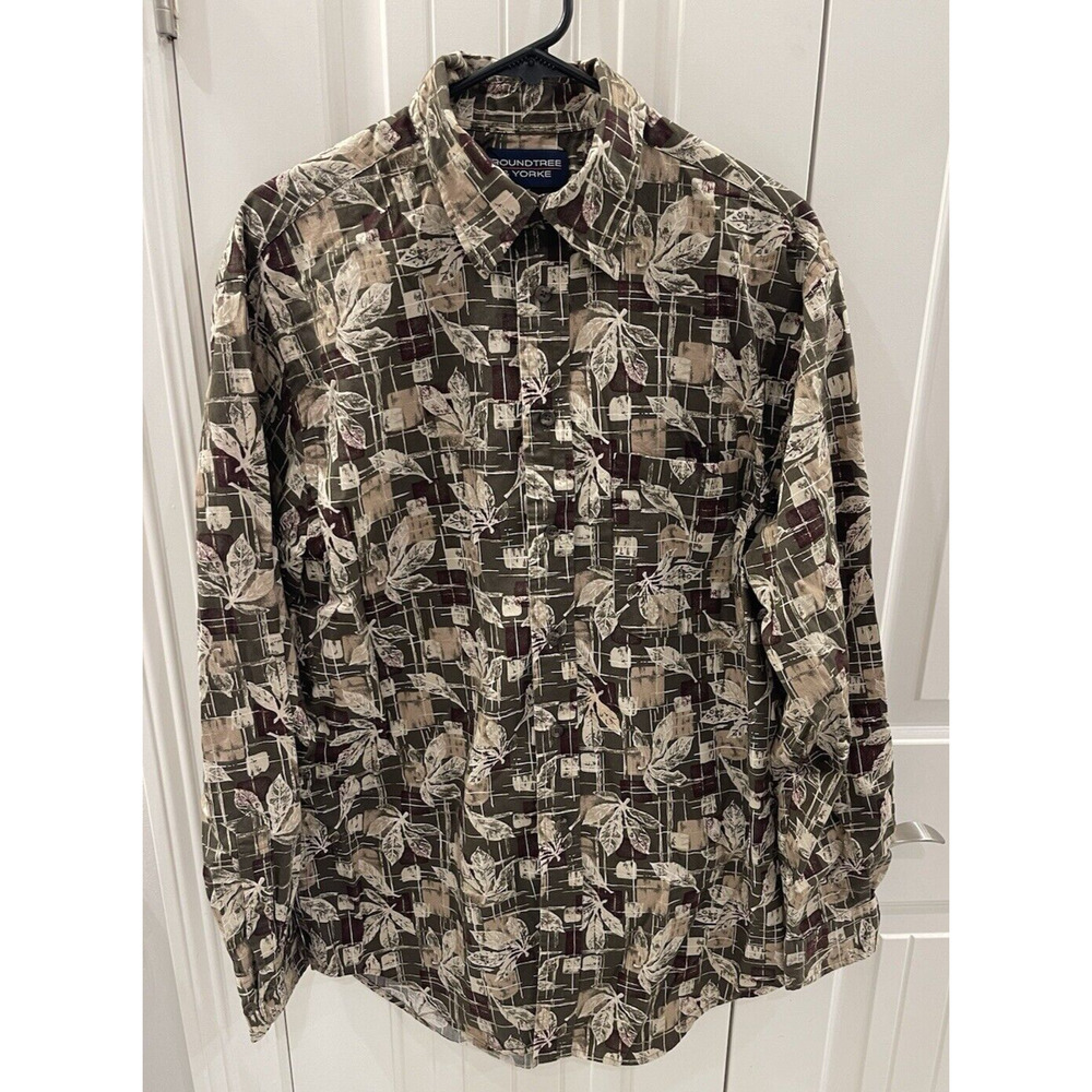Roundtree & Yorke Green Leaf Print Long-Sleeve Button-Up Shirt Men M